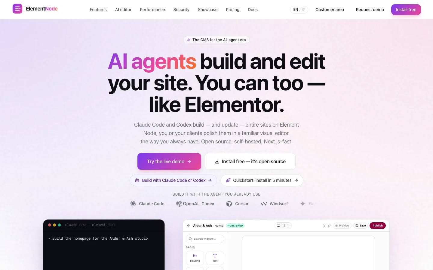 La pagina di elementnode.cloud