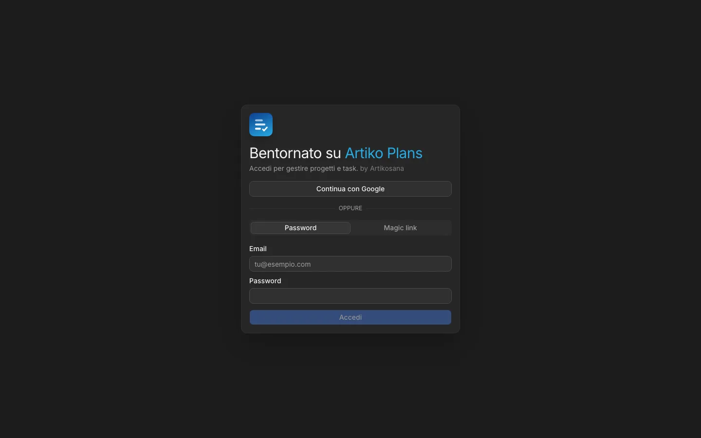 La pagina di accesso di Artiko Plans